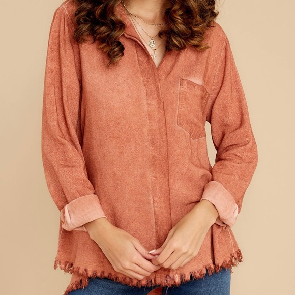 Clay Distressed Button Down Top - Picture 2 of 3